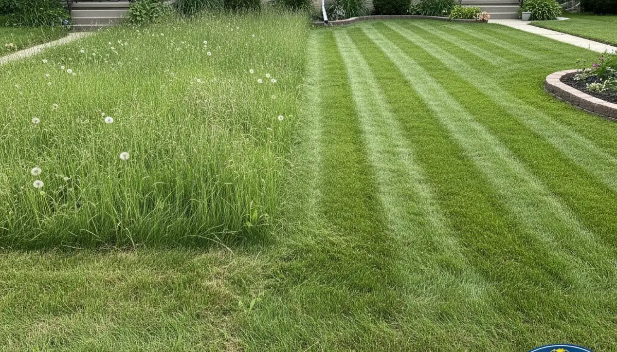 Before and after lawn mowing transformation in Peoria, IL by Chop Chop Landscaping showing clean, even grass