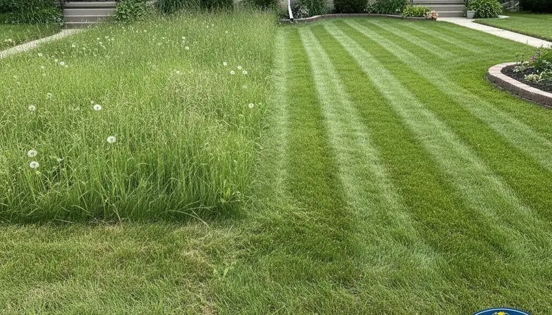 Before and after lawn mowing transformation in Peoria, IL by Chop Chop Landscaping showing clean, even grass