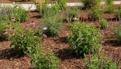 Organic landscape beds with natural mulch and native plants by Chop Chop Landscaping in Peoria, IL