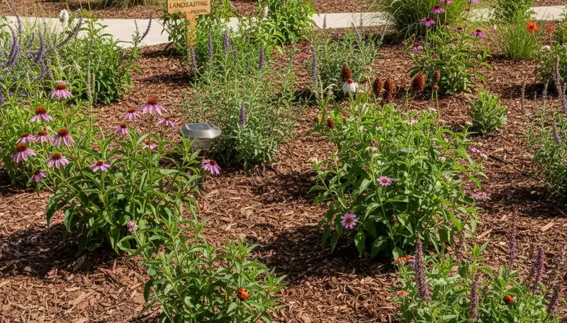 Organic landscape beds with natural mulch and native plants by Chop Chop Landscaping in Peoria, IL