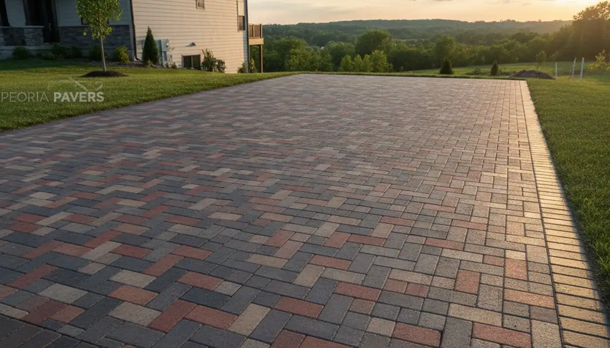 Completed interlocking paver driveway installation by professional landscapers in Peoria, IL