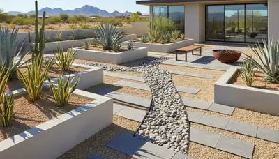 Modern pea gravel landscape design with clean lines and plants by Chop Chop Landscaping in Peoria, IL