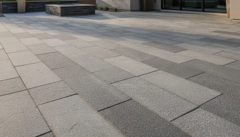 Modern large stone paver patio installation in Peoria, IL by Chop Chop Landscaping