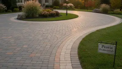 Curved paver driveway design by professional landscapers in Peoria, IL showcasing expert craftsmanship