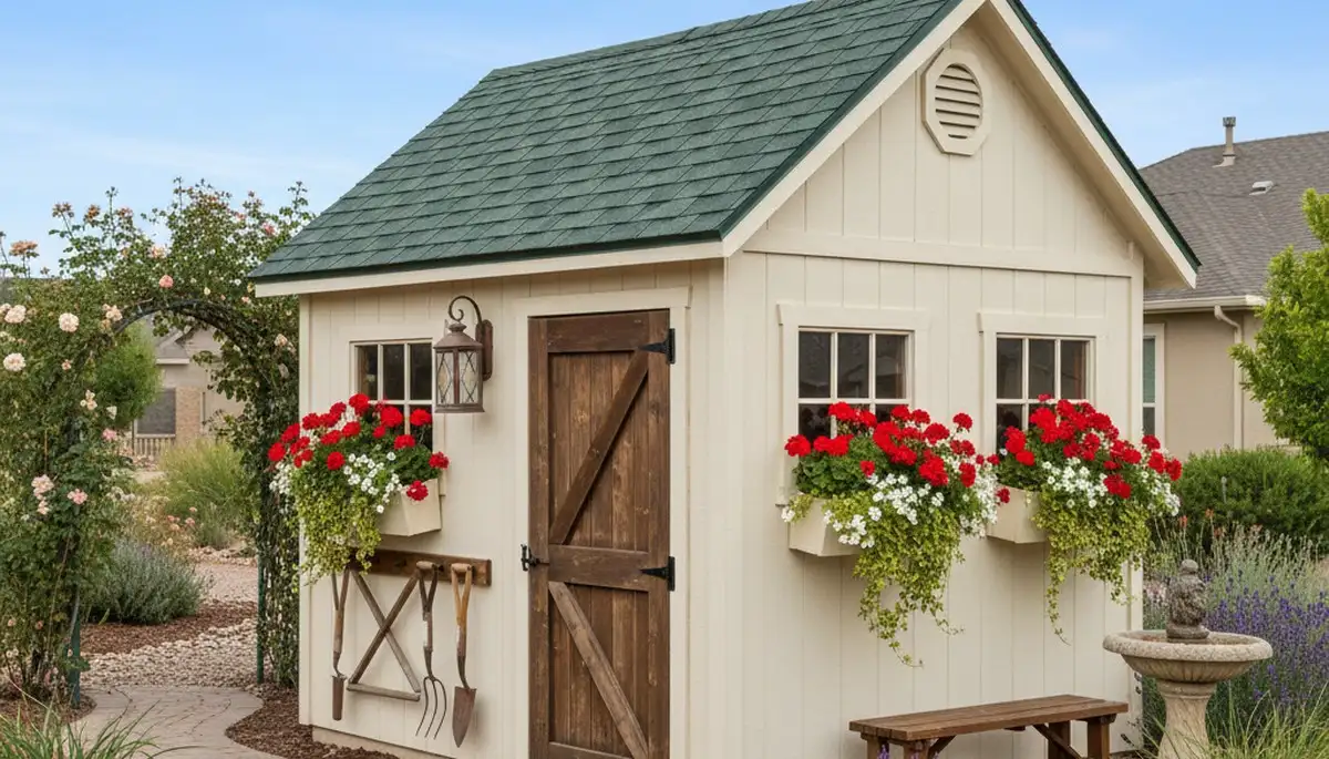 Decorative garden shed with custom landscaping design in Peoria, IL by Chop Chop Landscaping