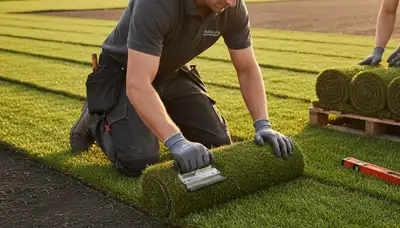 Professional landscaper placing sod rolls with precision during lawn installation in Peoria, IL