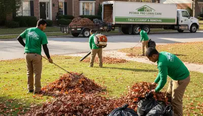 Technicians performing fall leaf removal and yard clean up at a residential lawn in Peoria, IL