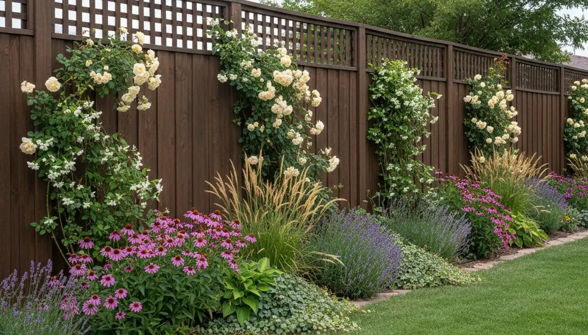 Wood fence with integrated landscape beds and climbing plants by Chop Chop Landscaping in Peoria, IL