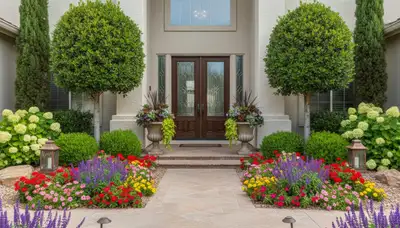 Front yard landscaping with colorful shrubs and flowers enhancing curb appeal in Peoria, IL
