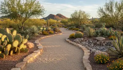 Pea gravel garden pathway in Peoria IL showcasing professional landscaping and low-maintenance design