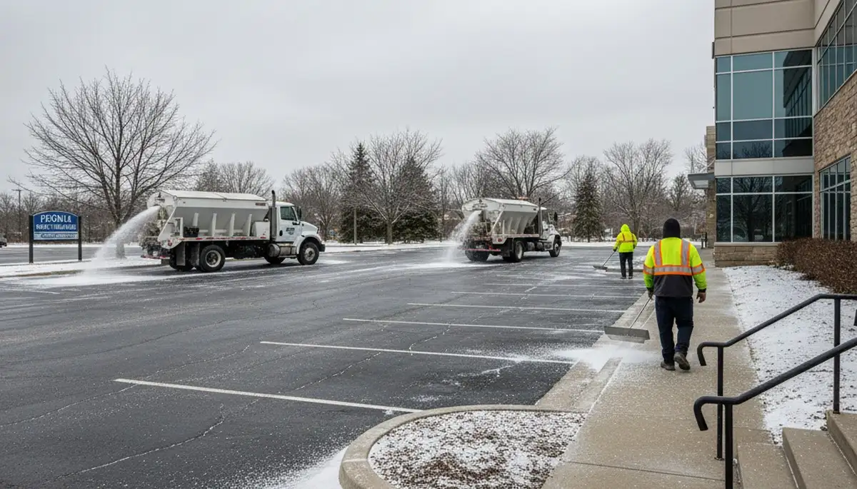Professional de-icing and salt application on pavement in Peoria, IL for safe winter property maintenance