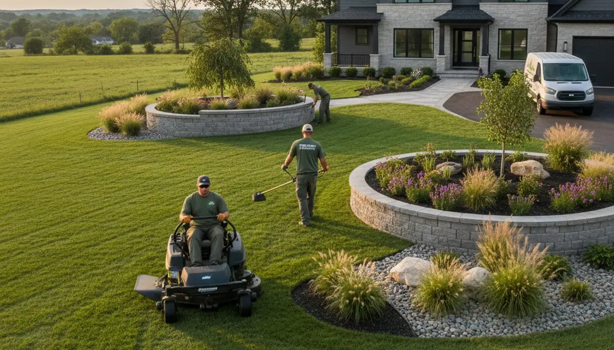 Landscaping crew providing lawn care services in Peoria, IL