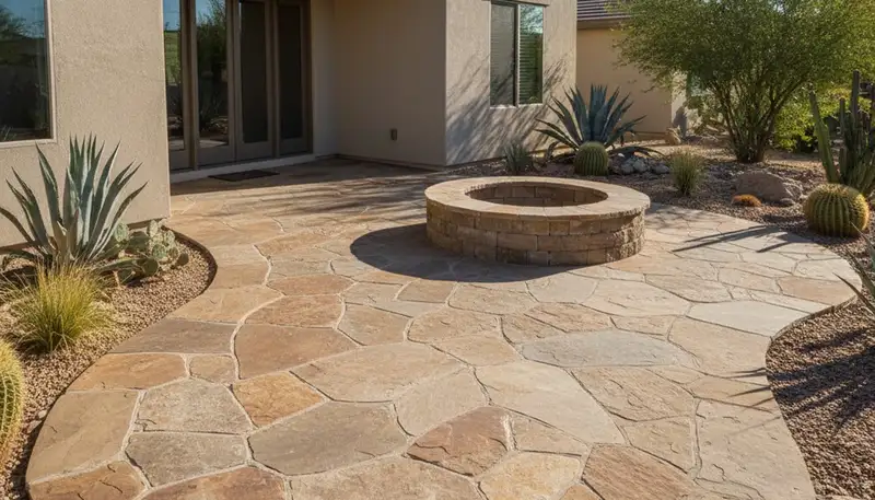 Natural flagstone patio installation with irregular stone pavers by Chop Chop Landscaping in Peoria, IL