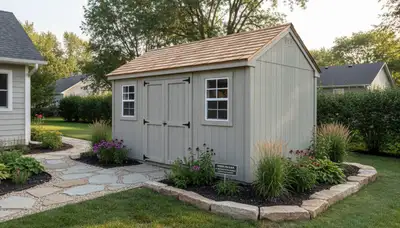 New backyard shed installation with professional landscaping in Peoria, IL by Chop Chop Landscaping