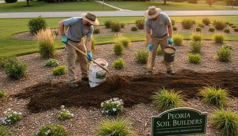 Technicians applying organic compost and fertilizers to landscape beds in Peoria, IL for soil health
