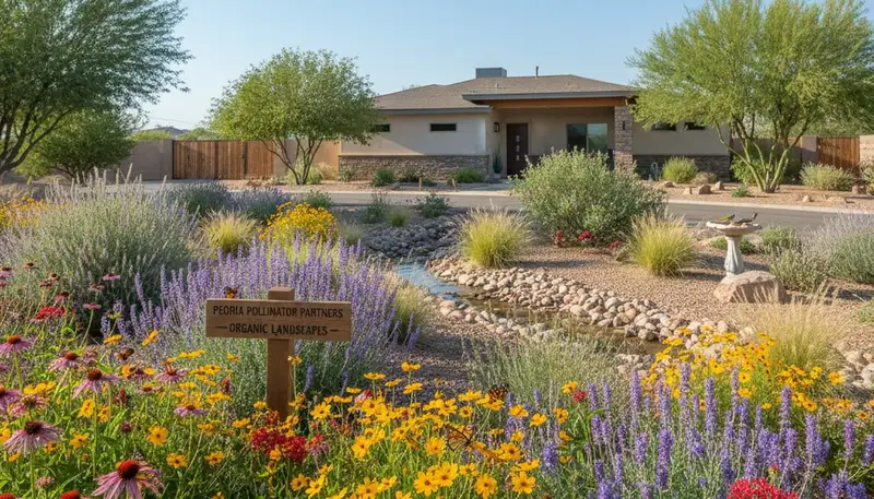 Vibrant pollinator-friendly native garden with organic landscaping in Peoria, IL