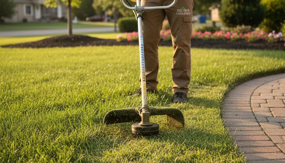 Technician edging lawn with string trimmer in Peoria, IL for precise, professional yard maintenance