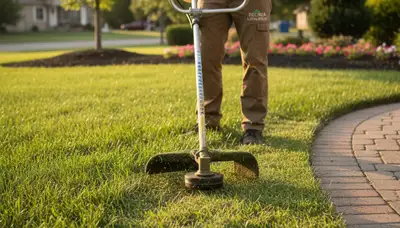 Technician edging lawn with string trimmer in Peoria, IL for precise, professional yard maintenance