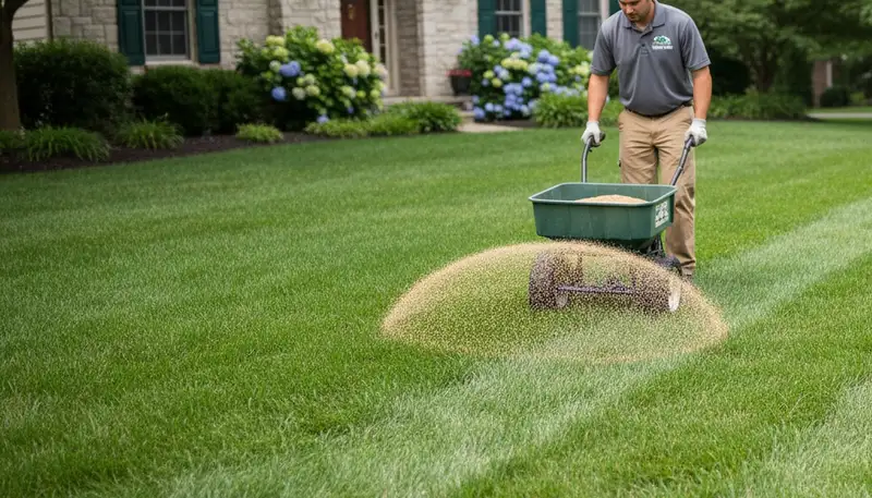 Lawn care technician applying fertilizer with broadcast spreader on residential lawn in Peoria, IL