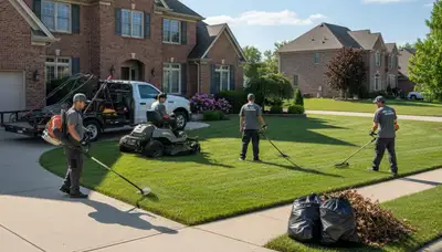 Professional lawn maintenance crew mowing and edging a Peoria IL yard for Chop Chop Landscaping