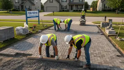 Professional crew installing driveway pavers in Peoria, IL with precise base prep and leveling work