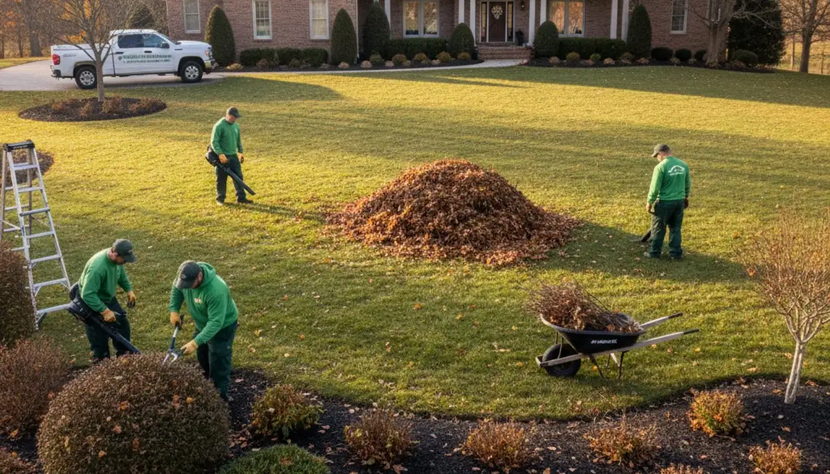 Technician using leaf blower for final lawn cleanup in Peoria IL, showing tidy walkways and landscaping