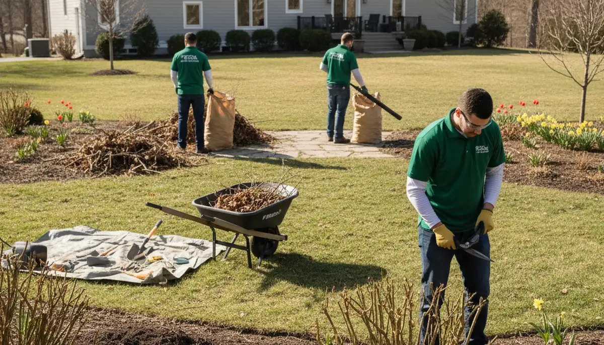Professional yard clean up and spring landscaping prep at residential property in Peoria, IL
