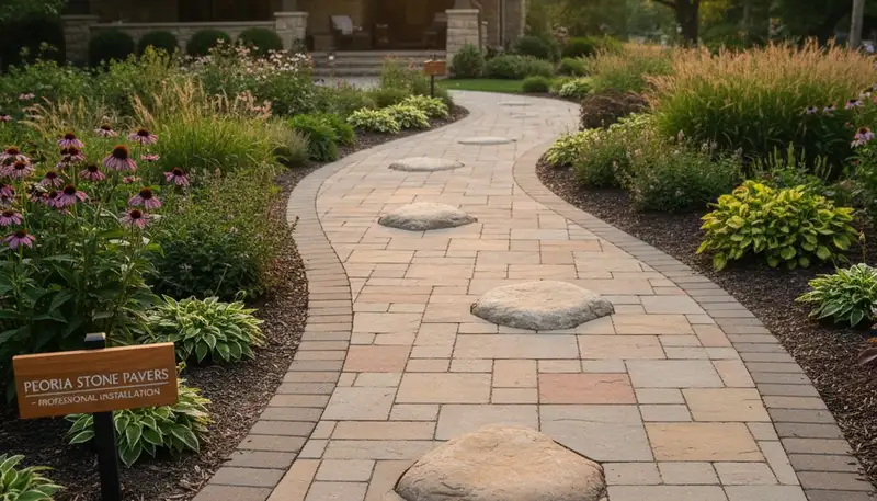 Stone paver pathway installation in Peoria, IL residential landscape by Chop Chop Landscaping