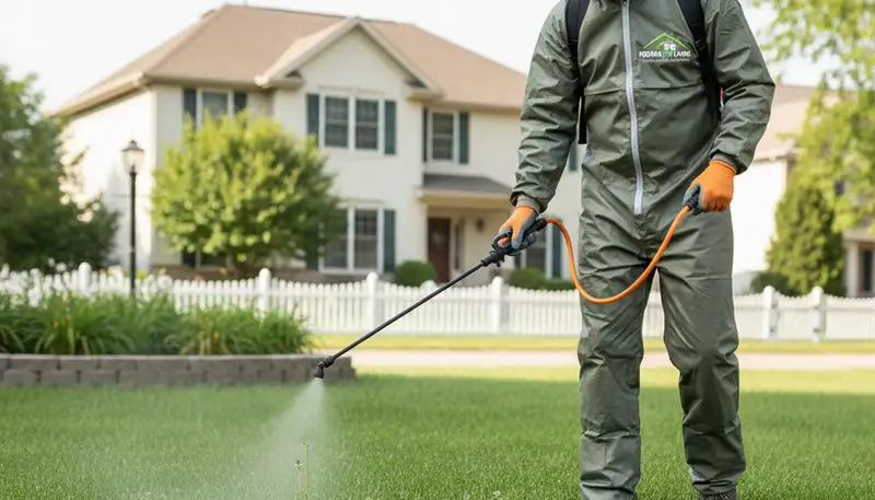 Lawn care professional applying targeted weed control treatment in Peoria, IL residential yard